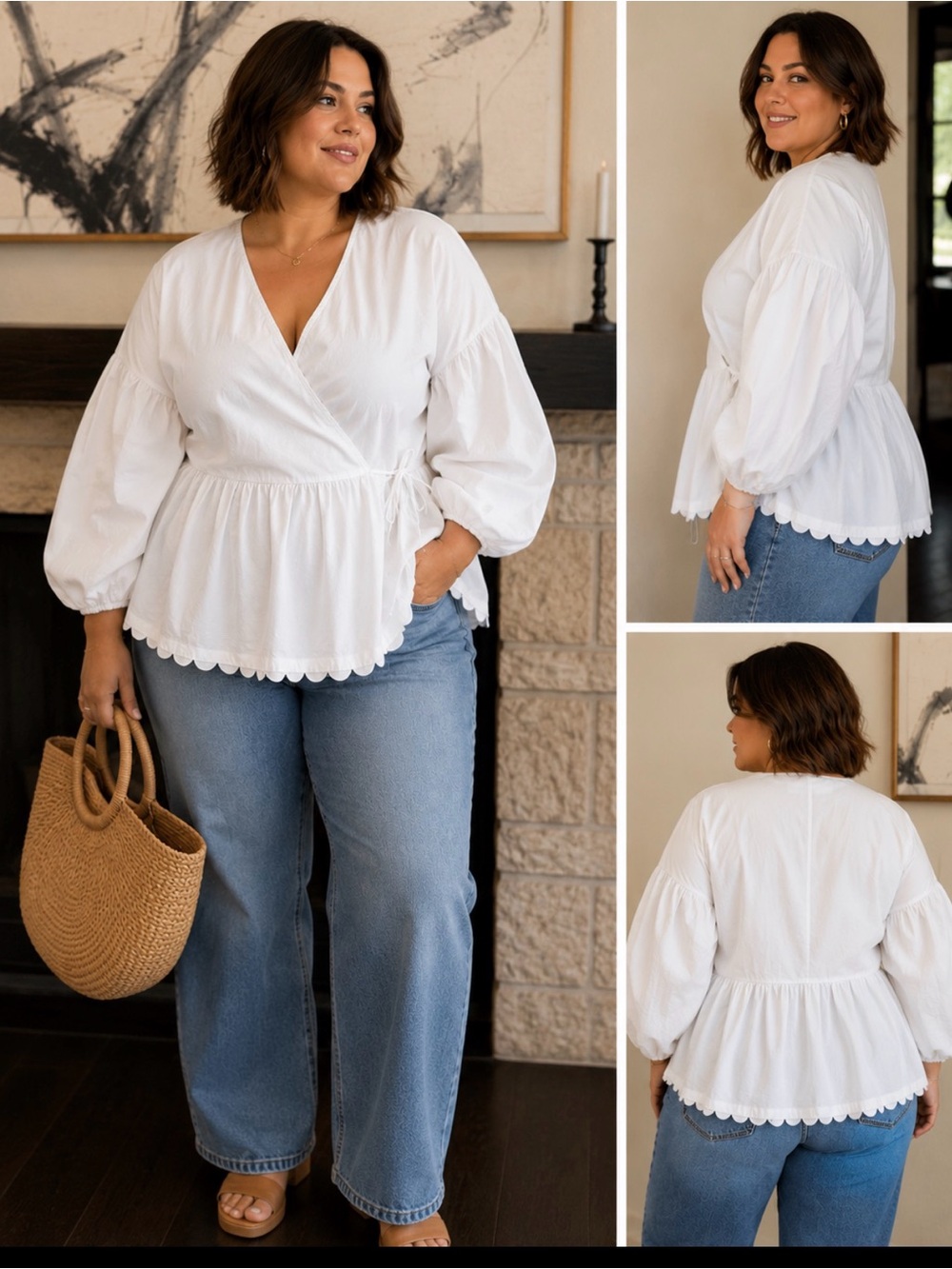 Kika Vargas x Target White 100% Cotton Scalloped Wrap Blouse Balloon Sleeve 2022